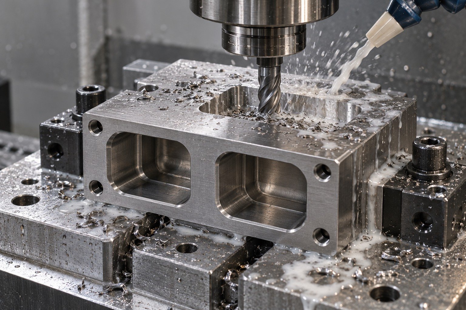 Distinct titanium two-port rectangular connector secured on fixture,short end mill cuts shallow open pocket with visible coolant and chips. — illustrative generated component concept