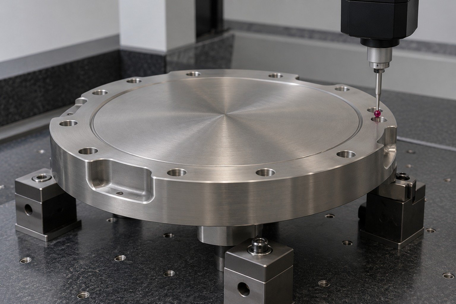 Thick titanium circular cover on stable CMM fixture,ruby stylus touching broad accessible upper mounting land,head clear of part. — illustrative generated component concept
