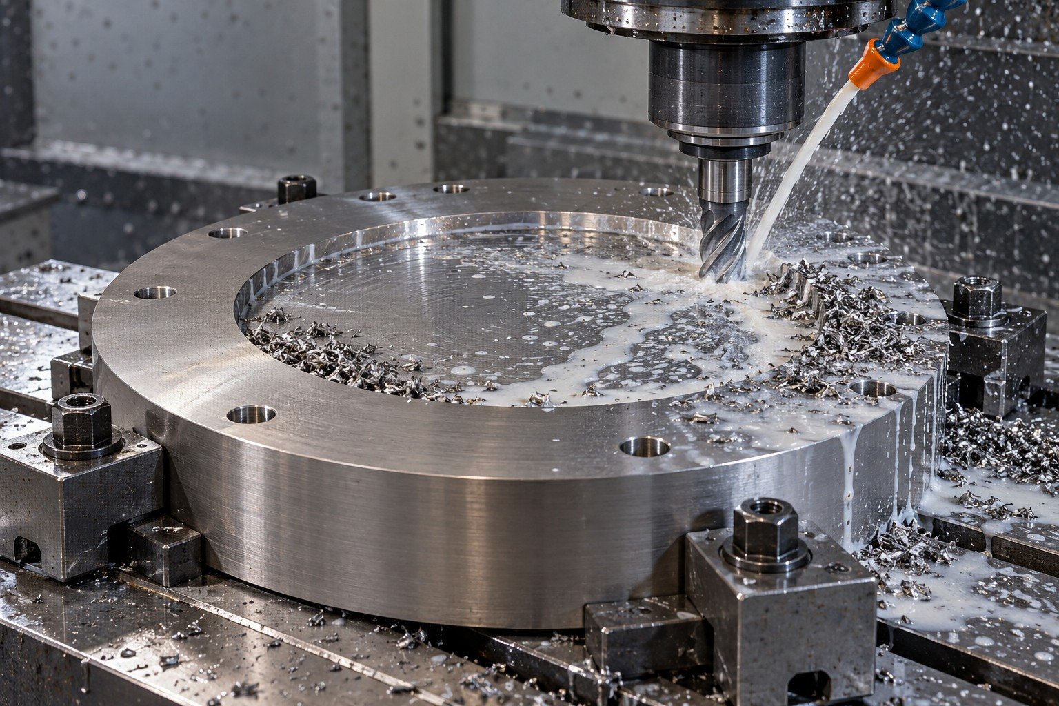 Thick titanium circular cover firmly secured on fixture,end mill physically cuts a broad shallow open recess with milky cutting fluid and wet chips. — illustrative generated component concept
