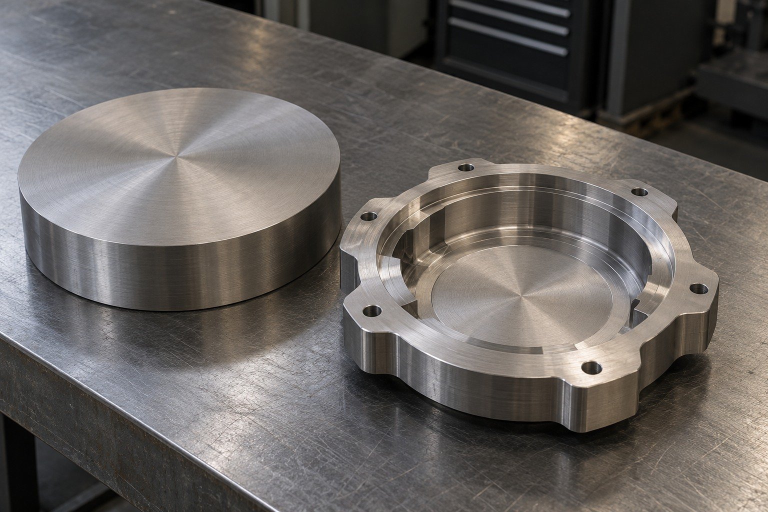 Round titanium plate blank beside thick partly machined circular cover with retained broad finishing lands and blank material tag. — illustrative generated component concept