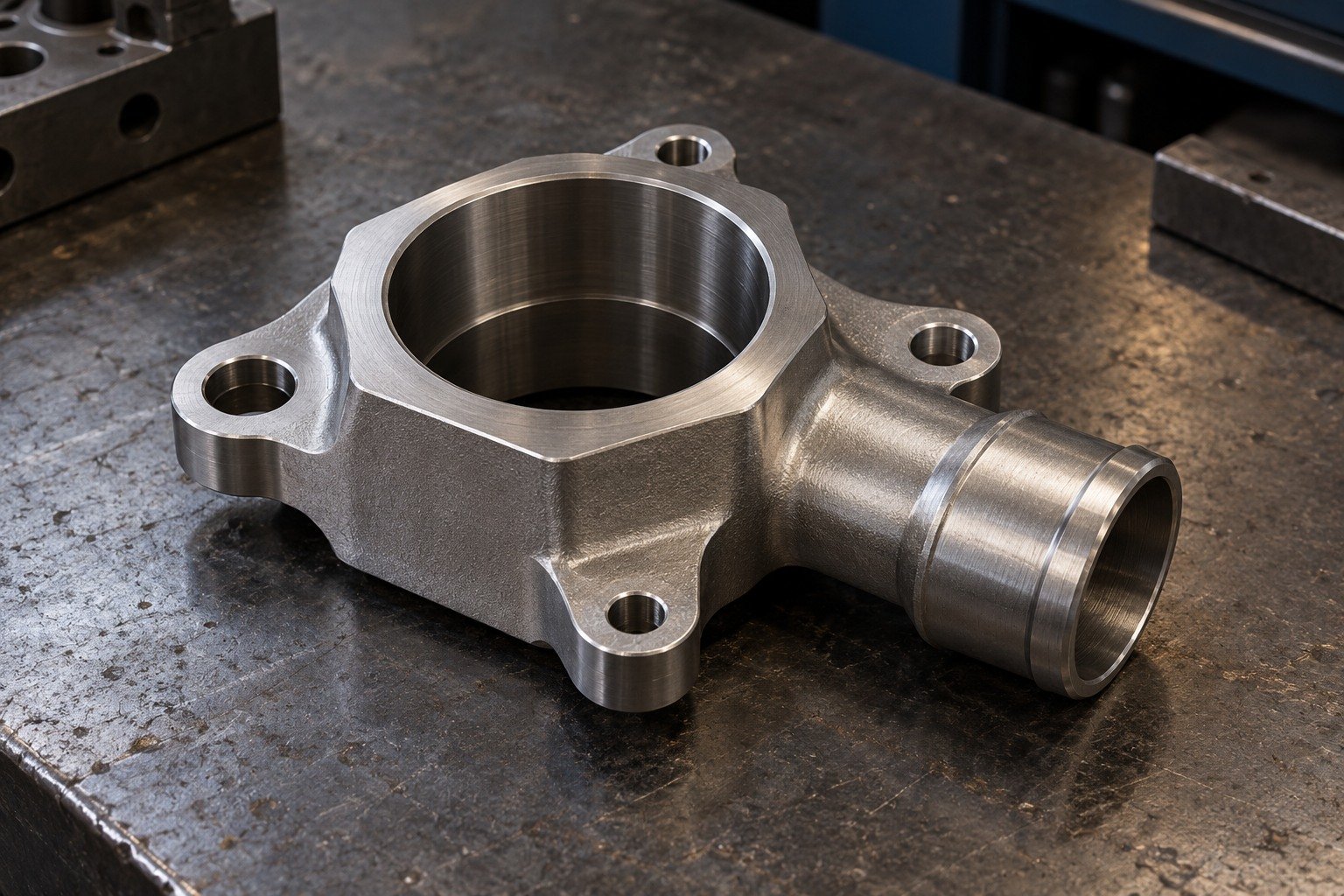 Illustrative Grade 2 titanium scalloped fluid adapter with mounting ears and offset neck concept