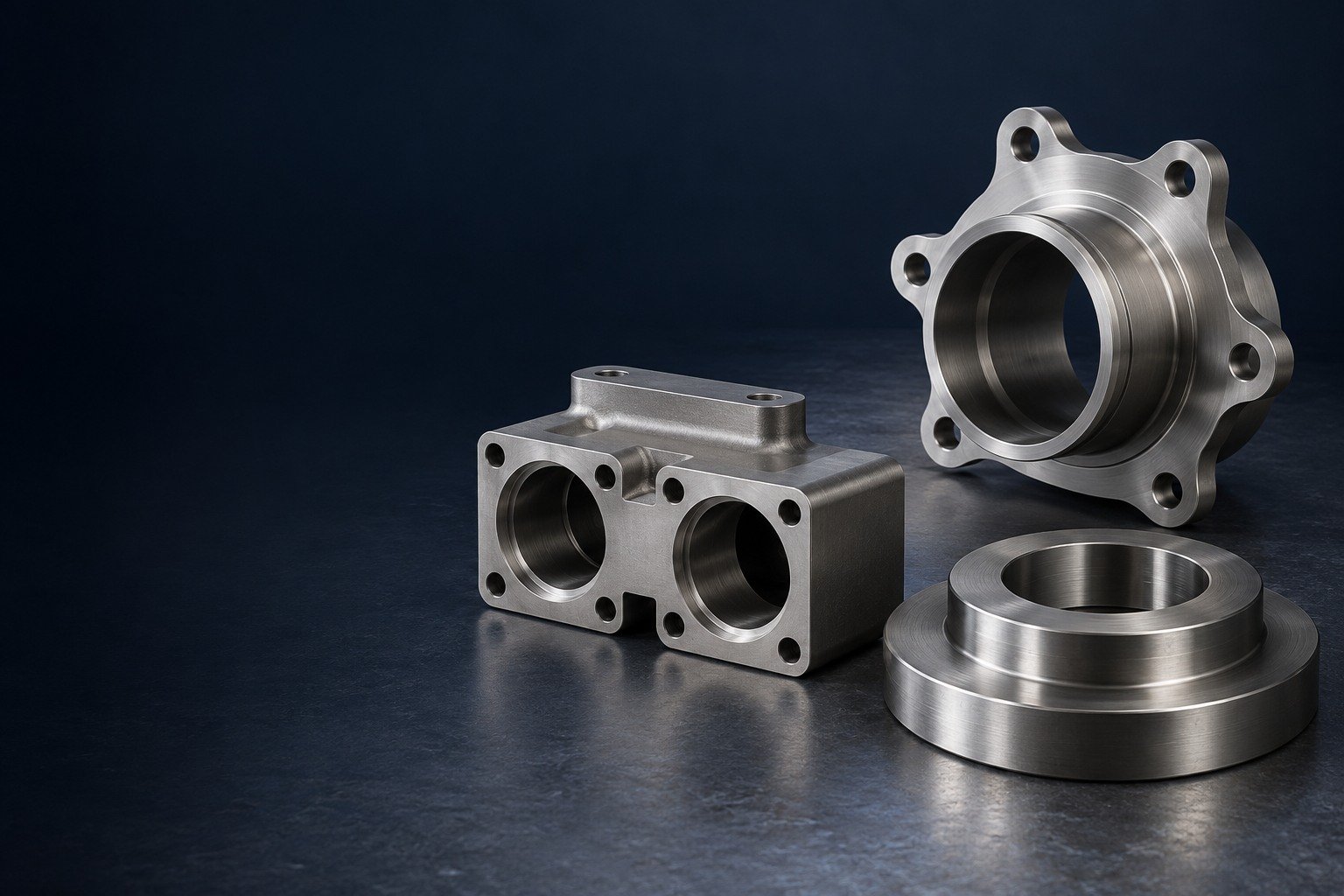 Catalog group on RIGHT: grey titanium six-ear flanged adapter with short neck,a rectangular two-port manifold and broad stepped spacer — illustrative generated component concept