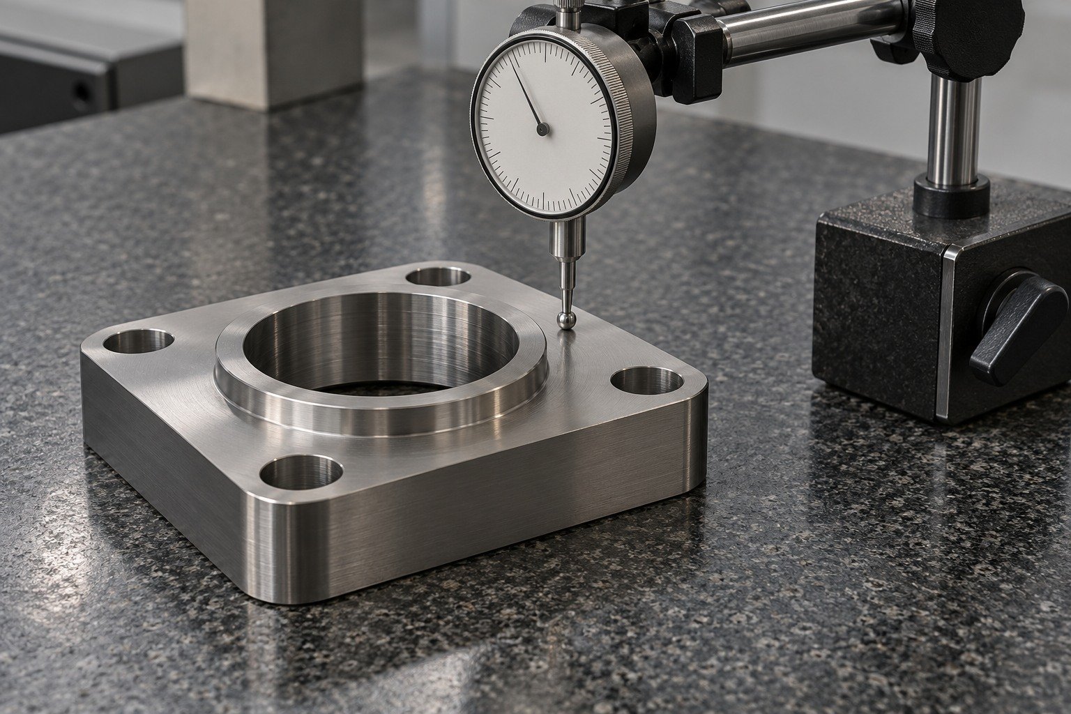 Distinct titanium square flange on granite,dial test indicator stylus clearly touching broad upper face,stable magnetic base beside it,no numbers. — illustrative generated component concept
