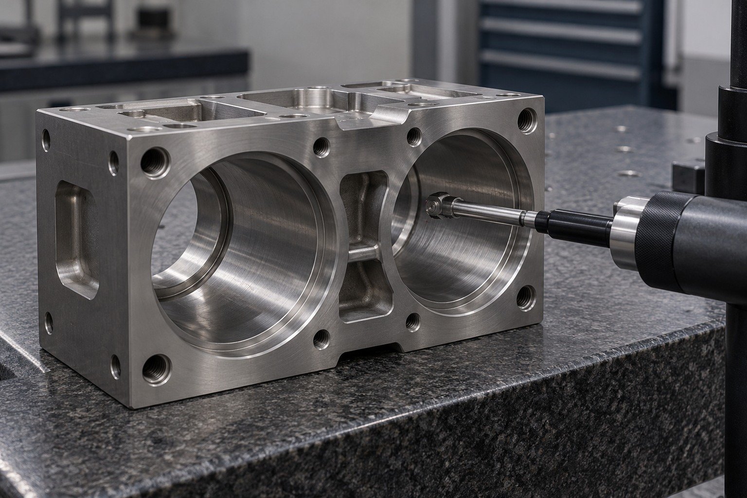 Titanium broad two-port block stable on granite,compact bore gauge physically contacting large accessible bore wall,no floating probes. — illustrative generated component concept
