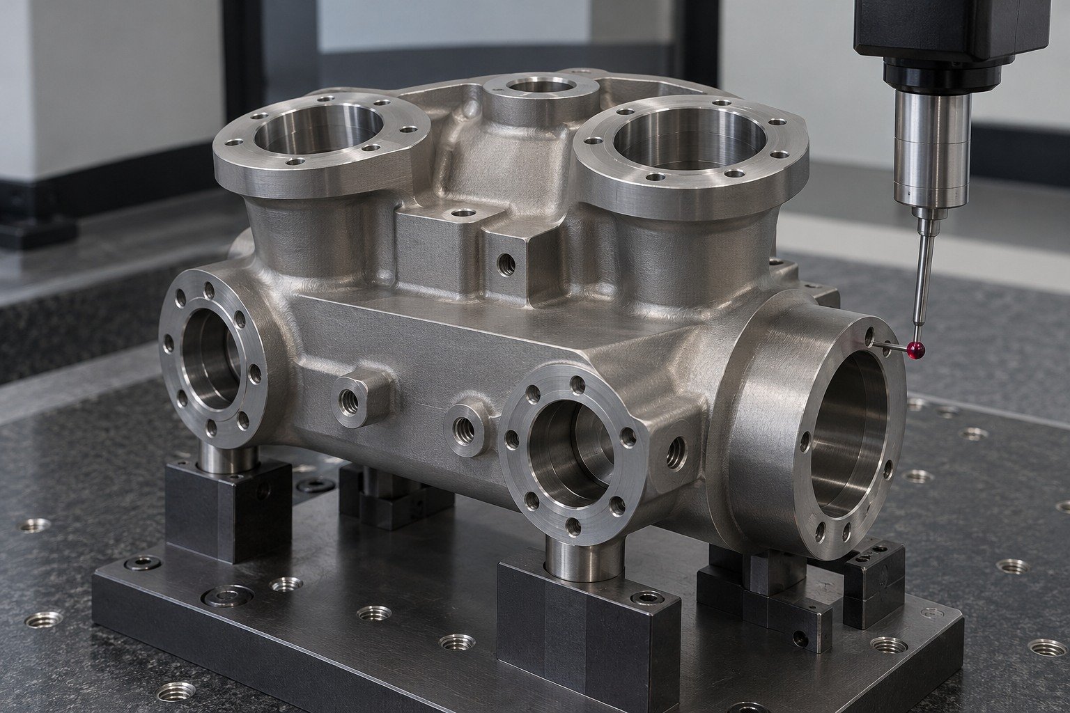 Distinct titanium two-level manifold on stable CMM fixture,short ruby probe physically touching wide external locating face,no readout. — illustrative generated component concept