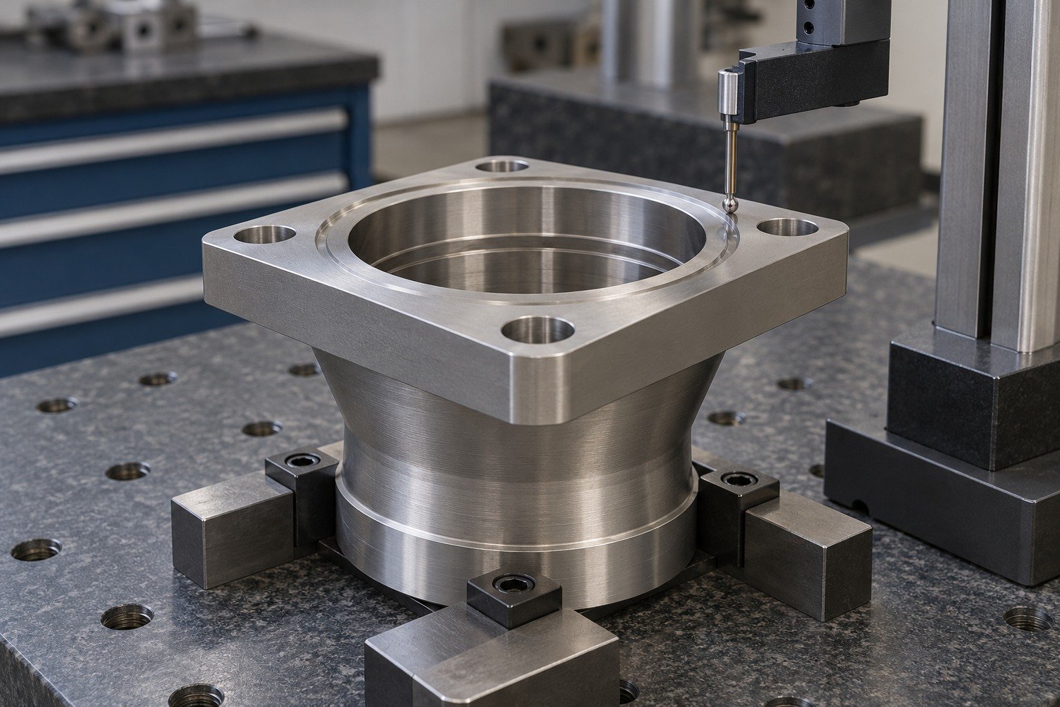 Titanium square flange adapter on stable fixture,height gauge stylus physically touching wide accessible upper sealing land,no readout. — illustrative generated component concept