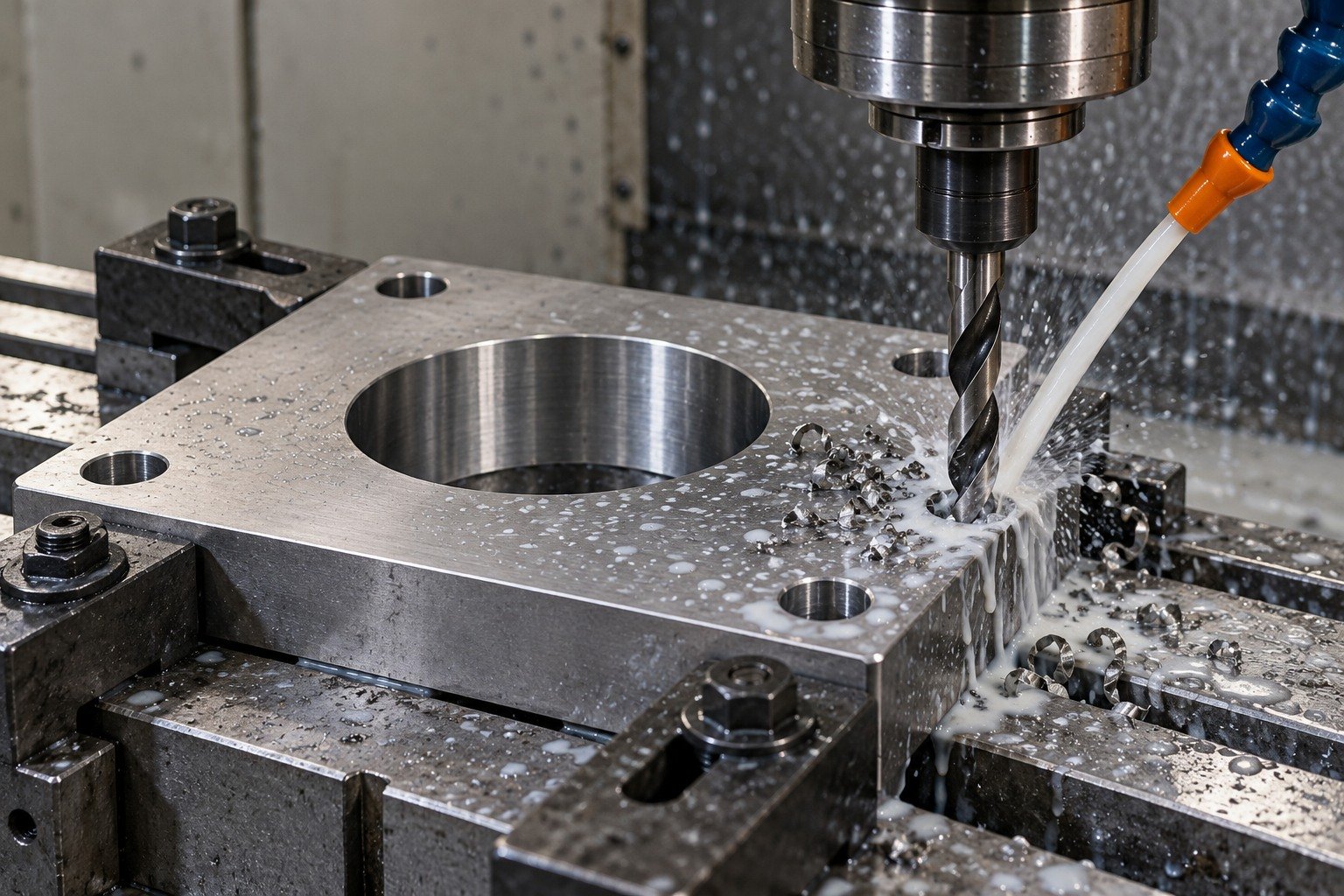Distinct square titanium flange supported on fixture,clear two-flute twist drill physically entering round corner hole,milky coolant jet and wet short chips. — illustrative generated component concept
