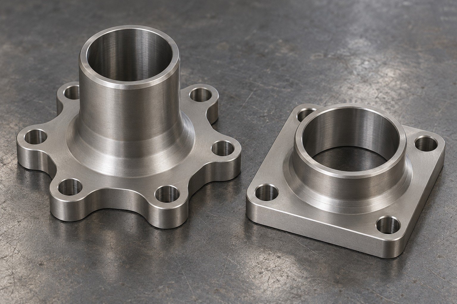 Two different satin grey titanium flanged adapters,one round six-ear with stout neck,one square four-hole flange with short wide neck and smooth bore. — illustrative generated component concept