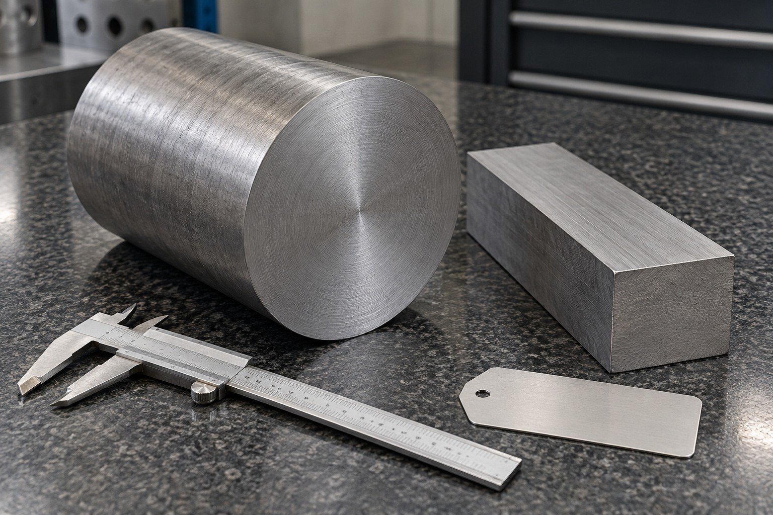 Broad titanium round stock cutoff and short rectangular billet on granite,caliper beside them and blank material tag,no readable result. — illustrative generated component concept