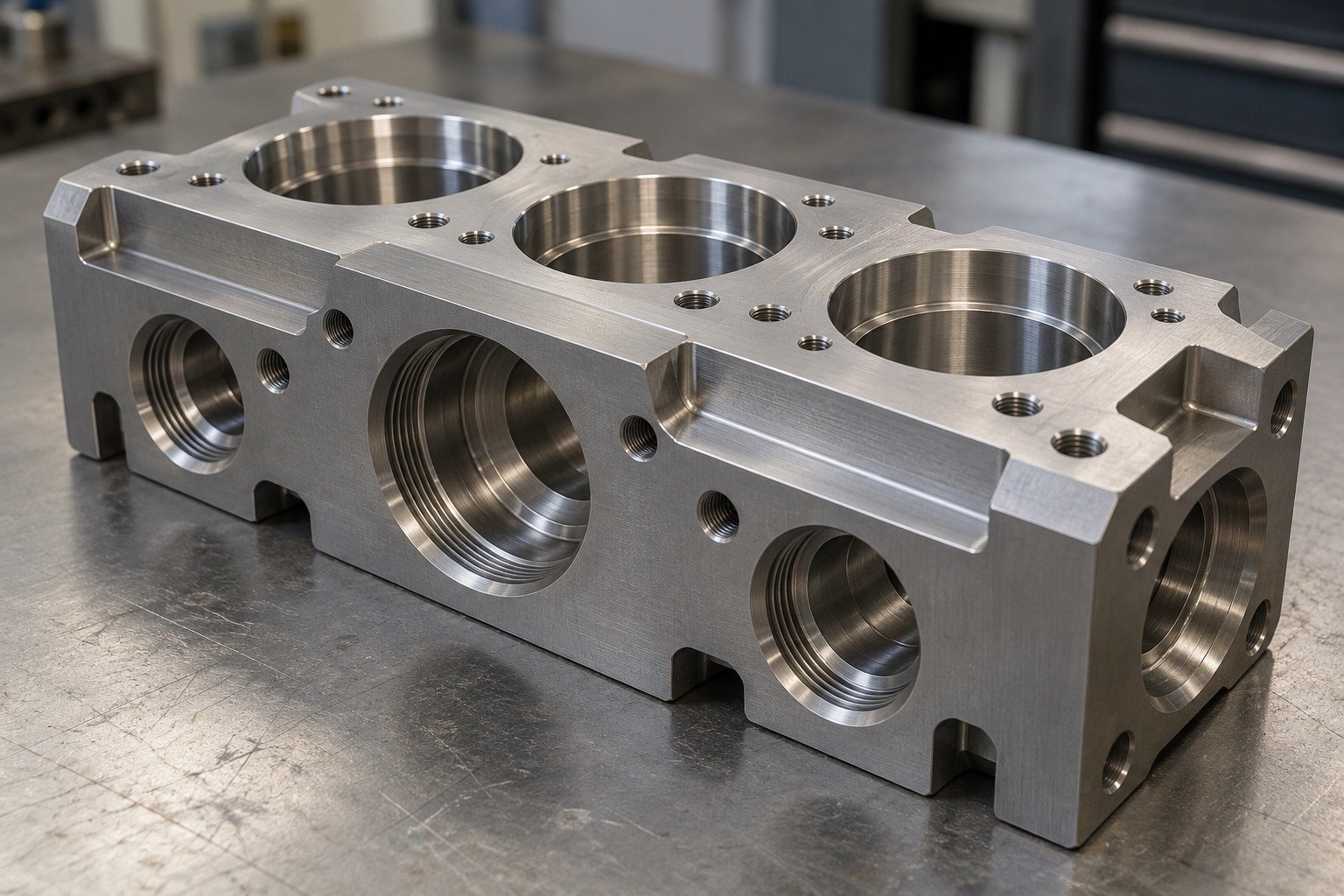 Macro of titanium manifold with accessible perpendicular stepped bores,wide outer datum flats and realistic internal radii. — illustrative generated component concept
