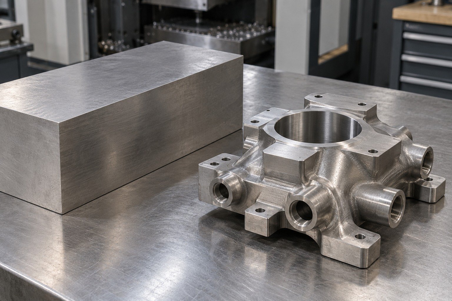 Rectangular titanium billet beside partially machined manifold with broad datum pads,one accessible central bore,retained finishing stock. — illustrative generated component concept