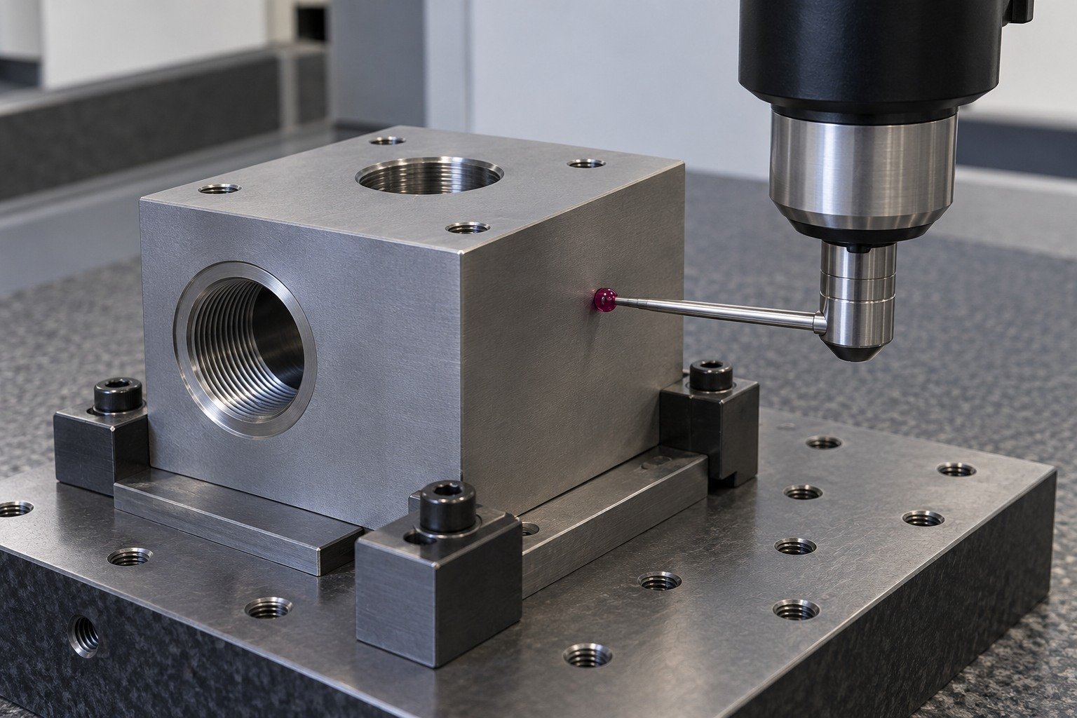 Compact rectangular titanium ported manifold block on stable CMM fixture;single ruby stylus physically touches its broad outside datum face. — illustrative generated component concept