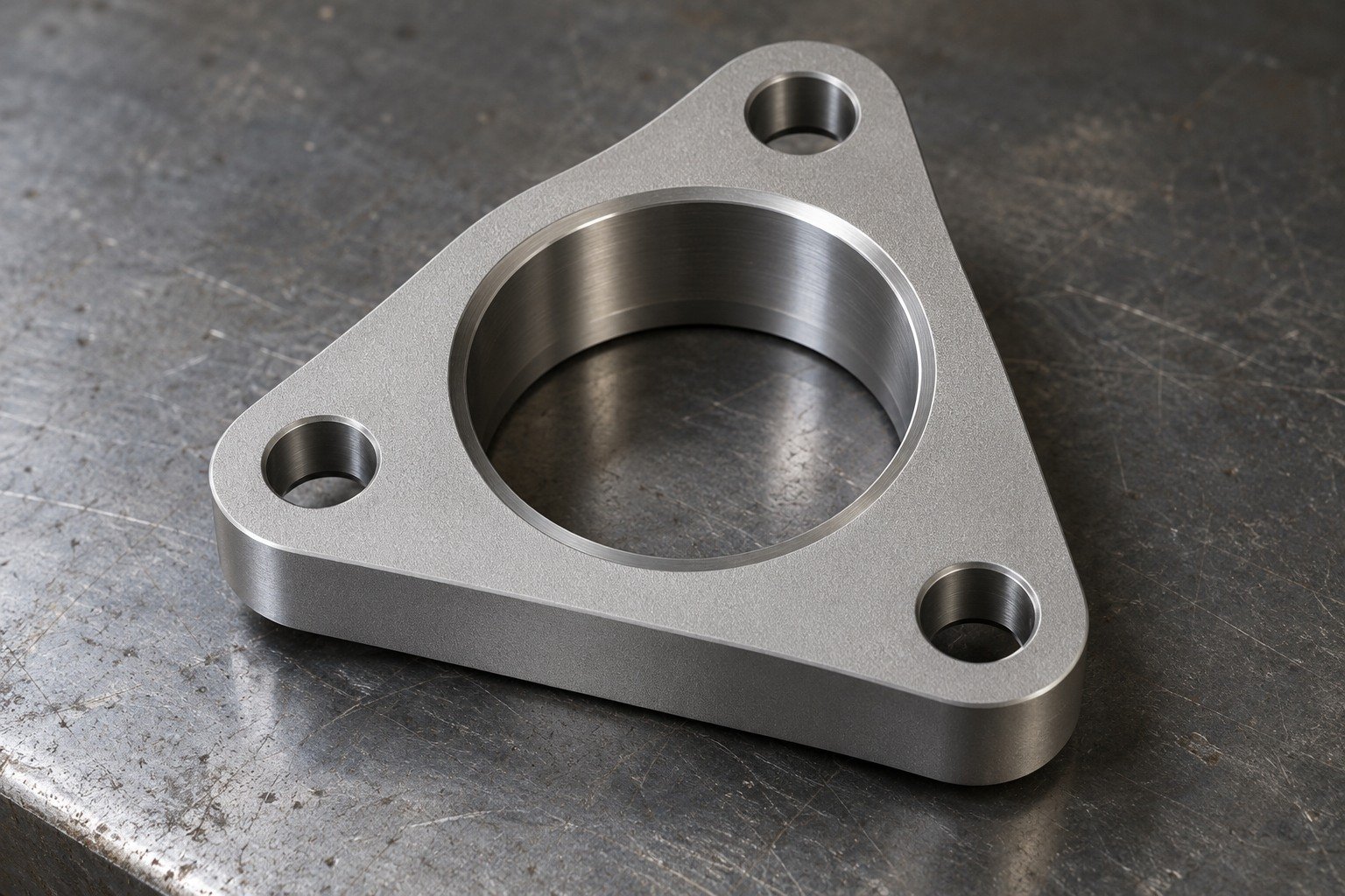 Distinct titanium triangular flange coupon with uniform fine matte grey blasted finish and broad central bore. — illustrative generated component concept