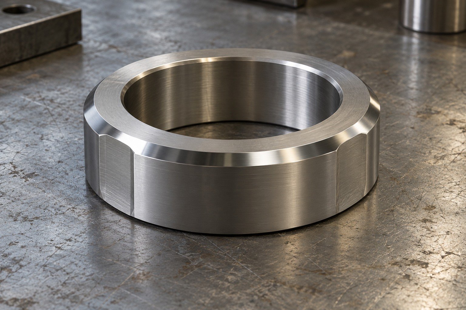 Distinct broad titanium collar with understated polished grey outside shoulder,satin mounting face,two external wrench flats. — illustrative generated component concept