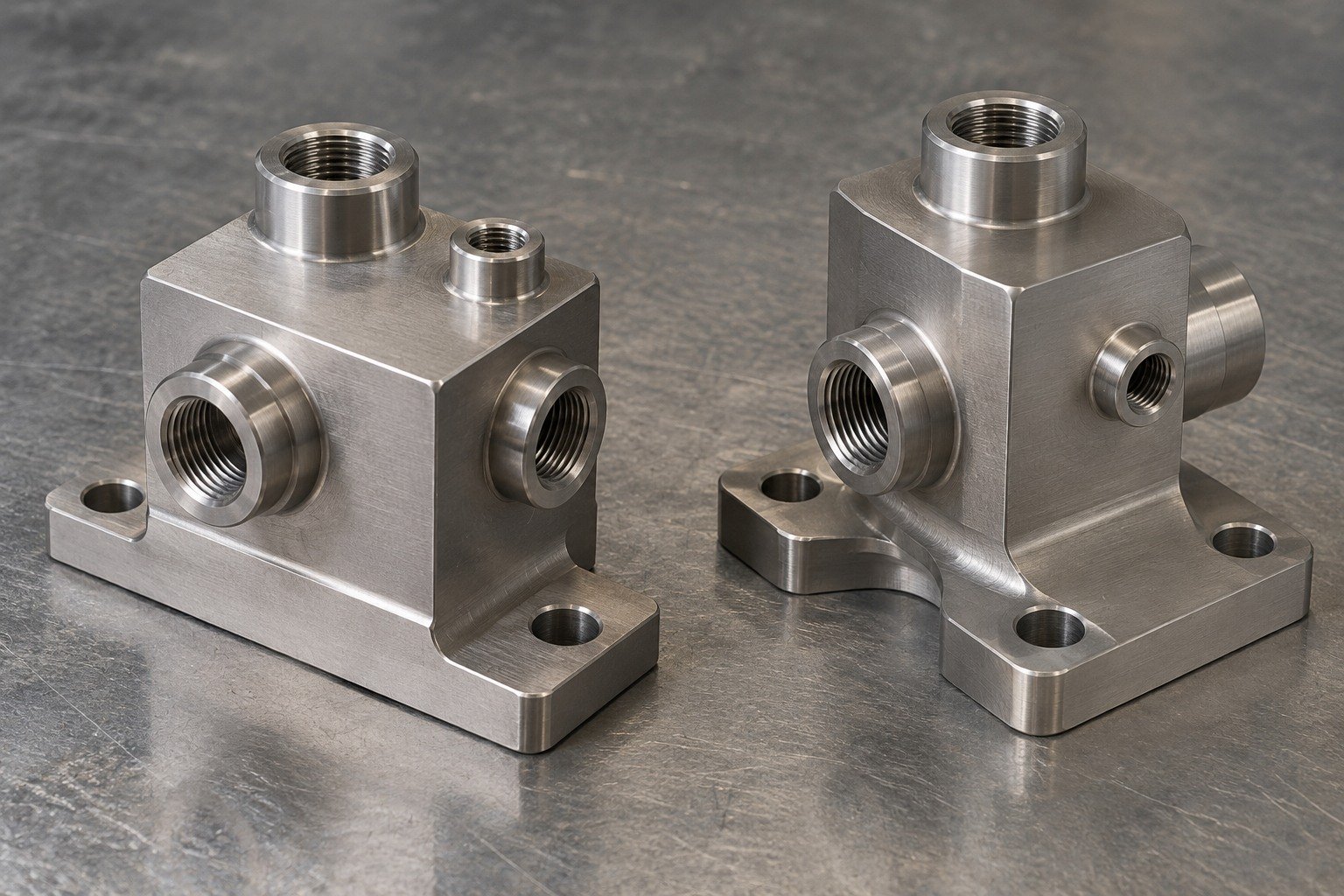 Two compact titanium manifold blocks with different broad rectangular mounting feet and accessible perpendicular stepped ports,no hoses or pressure markings. — illustrative generated component concept