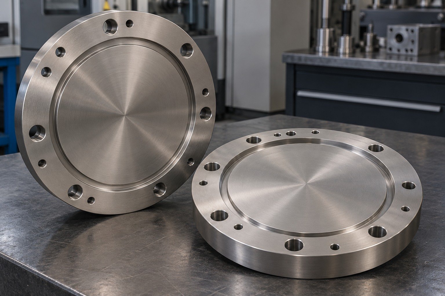 Two titanium thick circular process-equipment covers with different asymmetric bolt patterns and broad recessed sealing seats,no pressure rating markings. — illustrative generated component concept