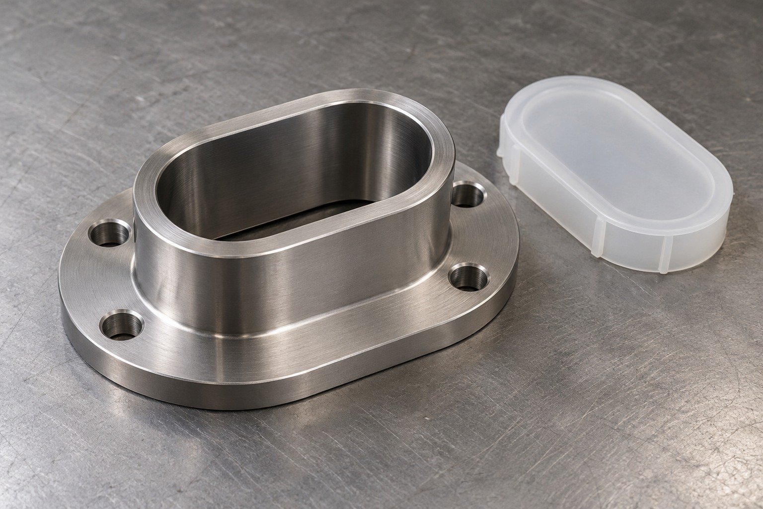 Titanium oval flanged adapter with broad sealing land,clean removable polymer cap placed beside it,no coatings or logos. — illustrative generated component concept