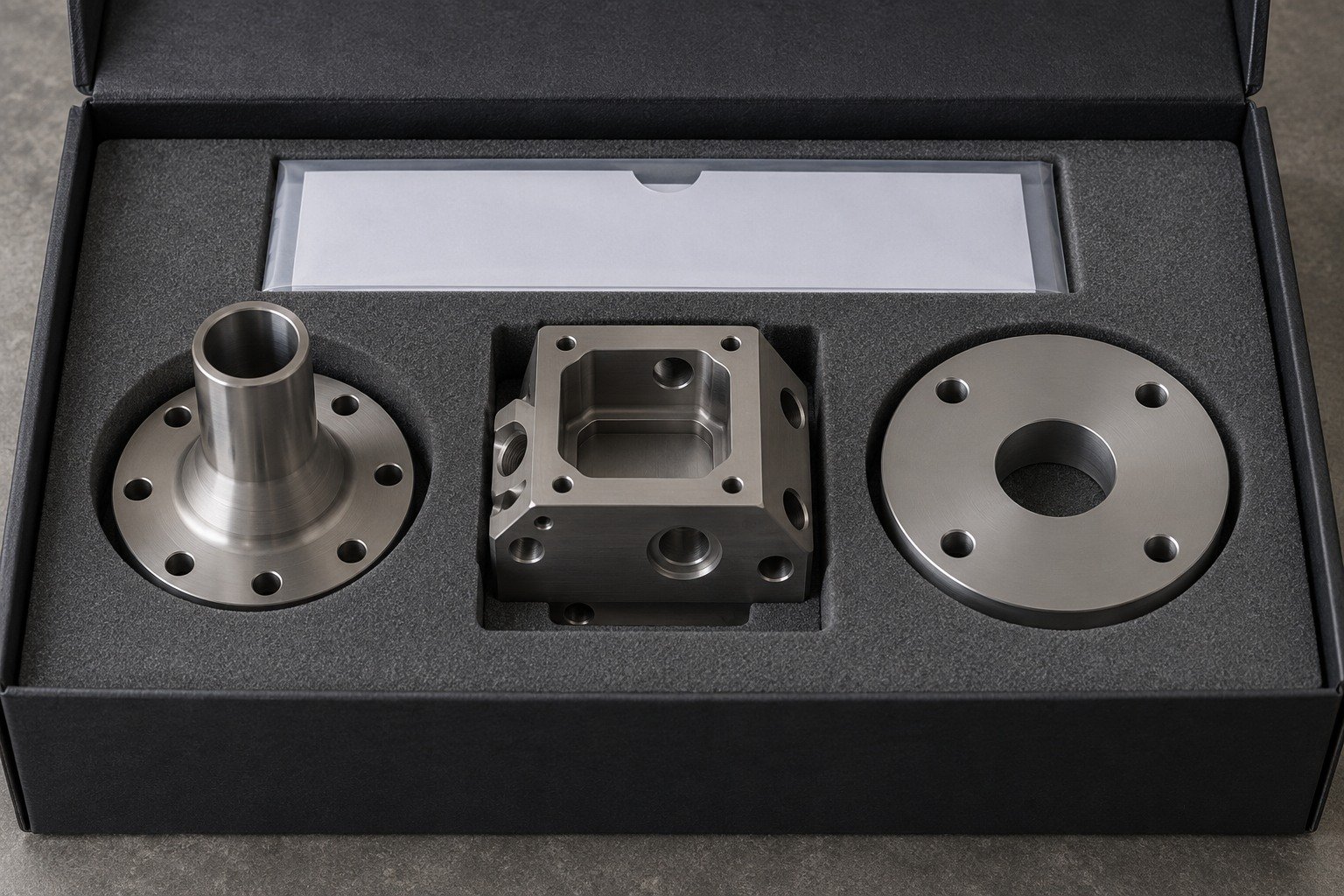 Titanium short-neck flange,ported block and broad circular cover separately seated in fitted grey foam pockets,blank document sleeve. — illustrative generated component concept