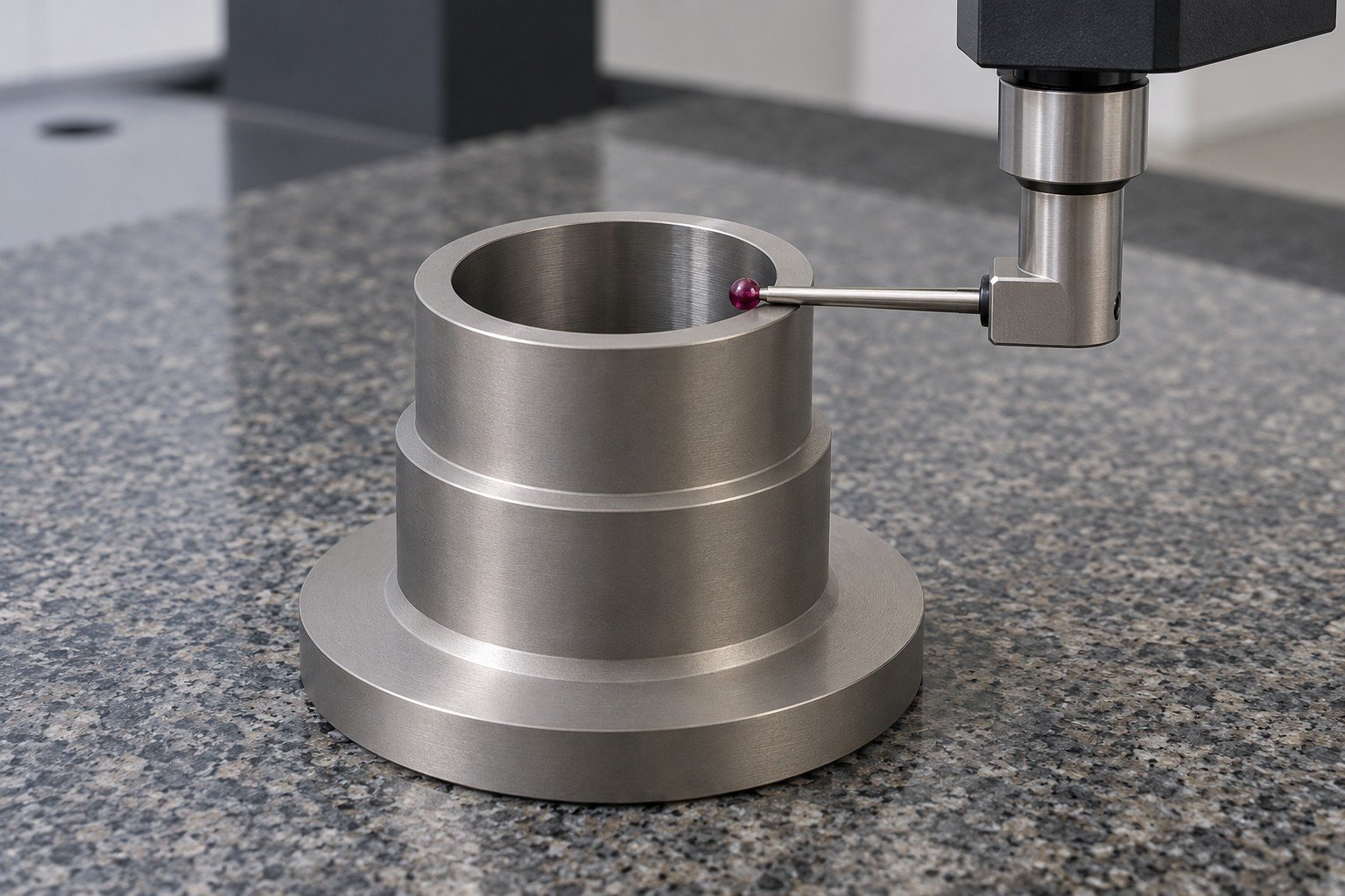 Short broad stepped titanium spacer on granite;one ruby CMM stylus physically contacts the accessible inner bore wall with clear head clearance. — illustrative generated component concept