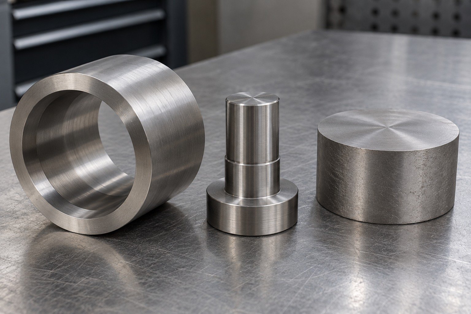 Broad titanium hollow spacer beside dedicated short support mandrel and separate retained-stock blank,clean wide functional faces. — illustrative generated component concept