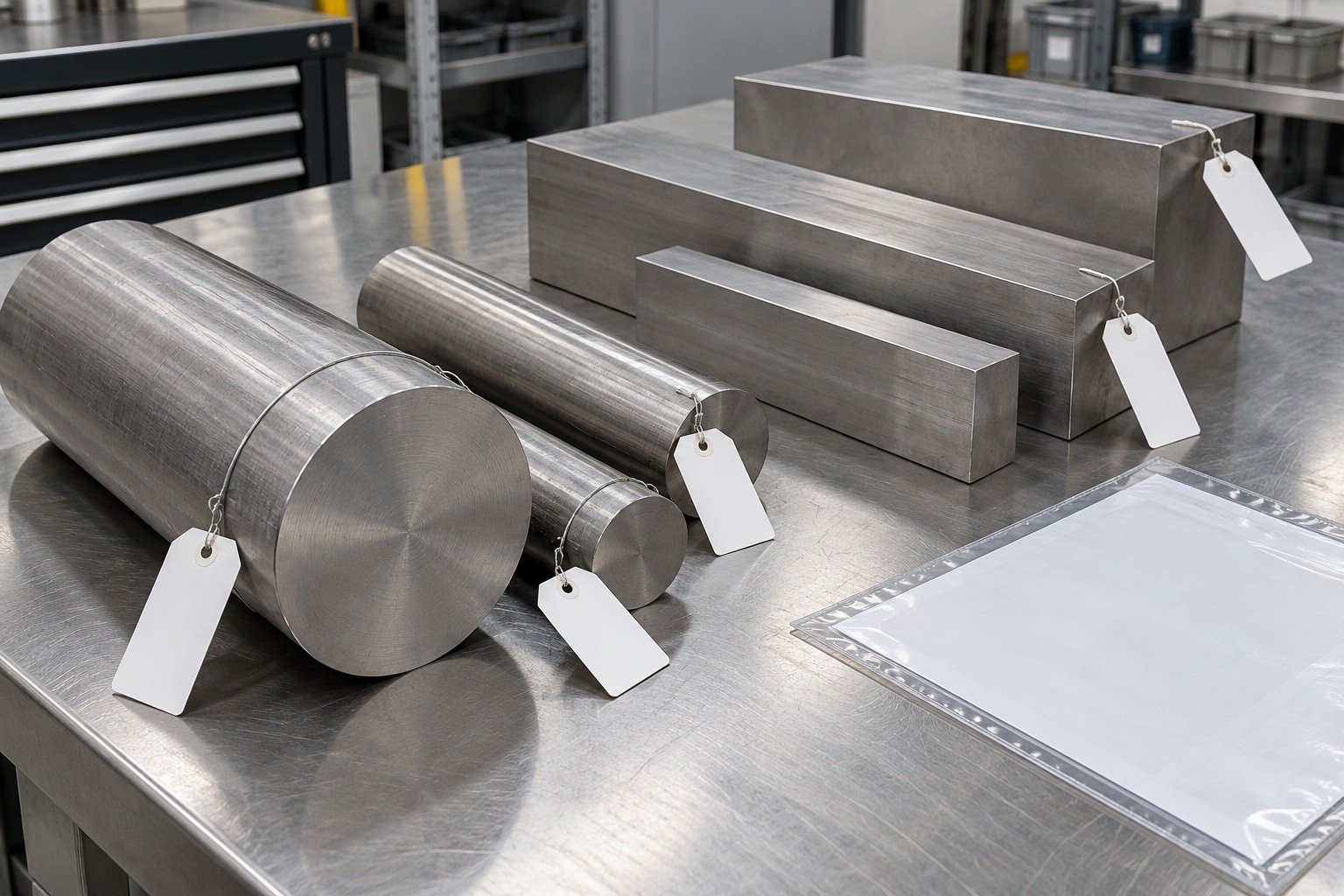 Titanium round cutoff and rectangular stock block with blank individual lot tags on clean receiving bench,blank document sleeve. — illustrative generated component concept