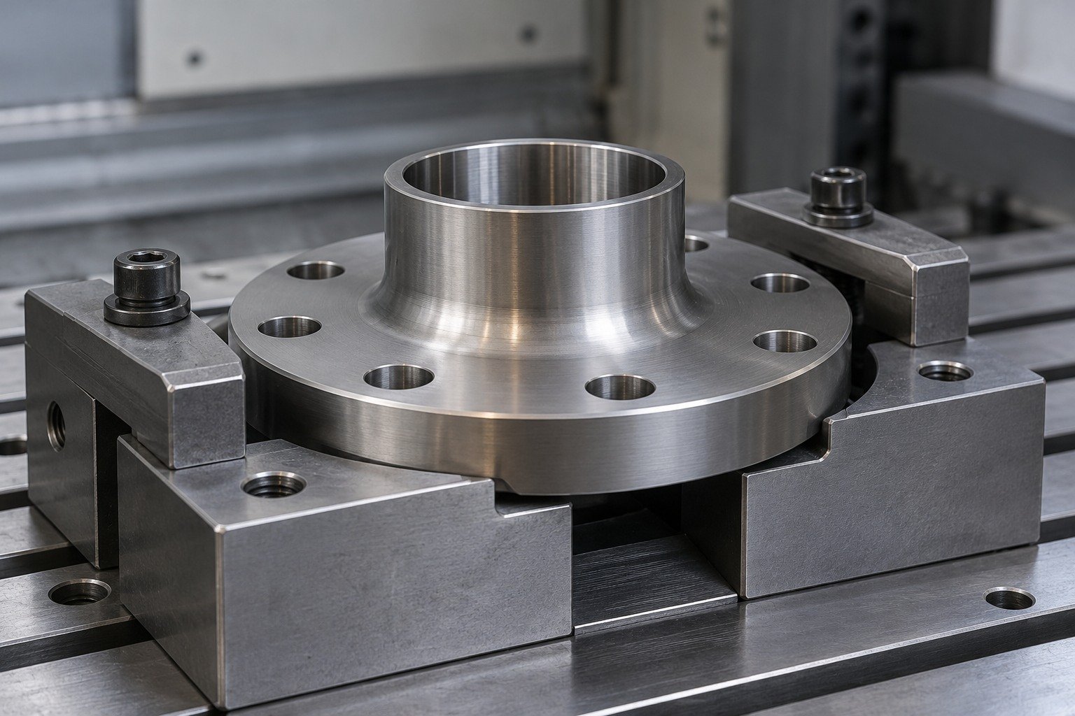 Titanium flanged adapter with short relatively thin neck seated in a fitted split support fixture,full flange support,physical plausible clamping. — illustrative generated component concept