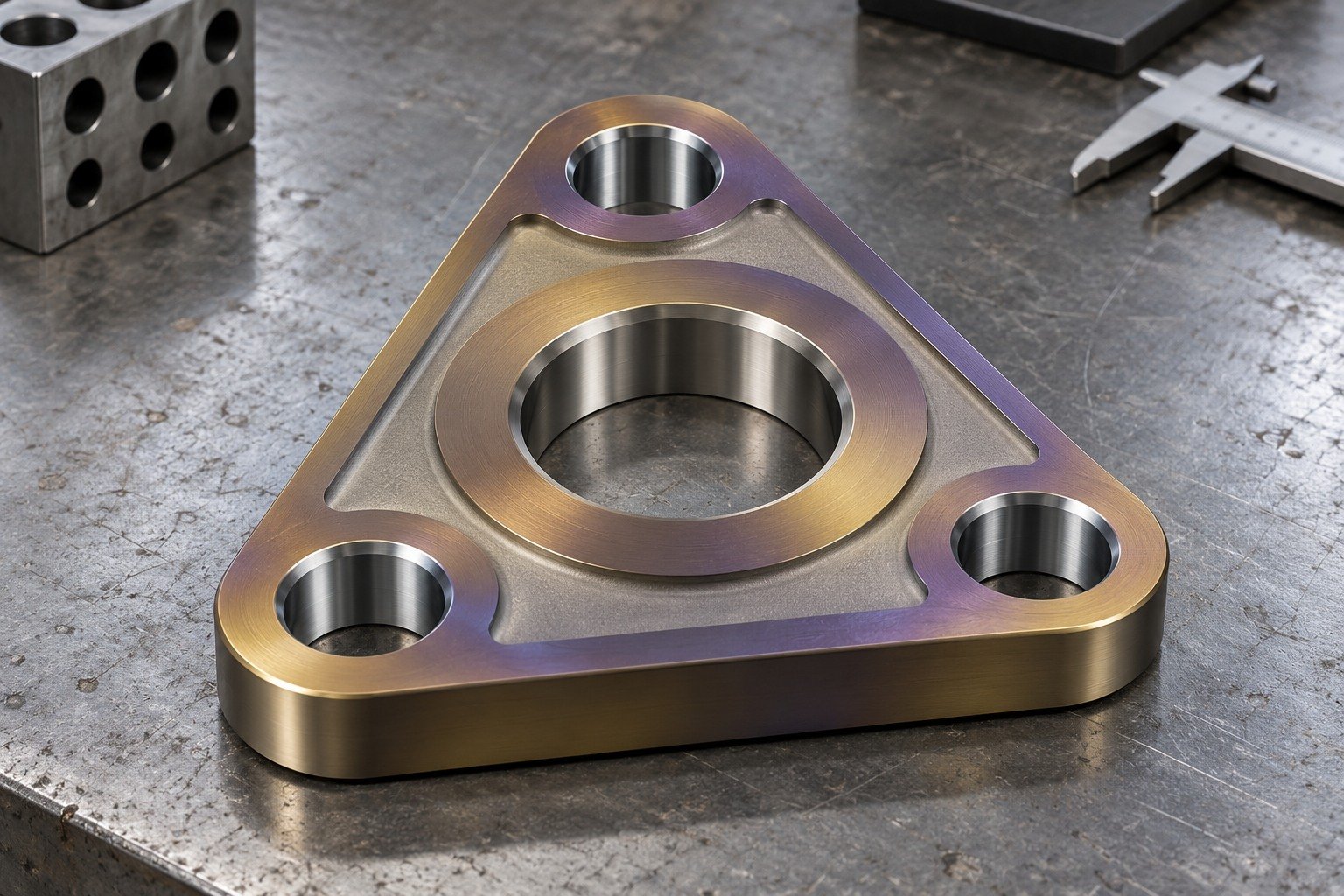Distinct titanium thick rounded triangular locating plate with muted gold-violet anodized appearance and bright masked bores,appearance only. — illustrative generated component concept