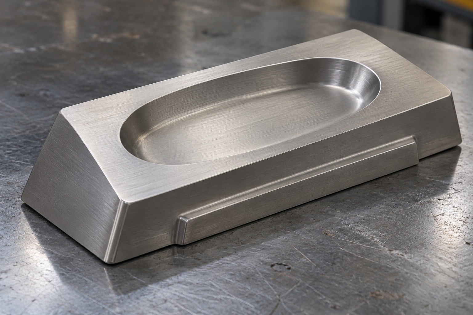 Distinct titanium thick trapezoidal coupon with broad shallow oval recess and low side rib,subtle parallel machining marks,satin grey. — illustrative generated component concept