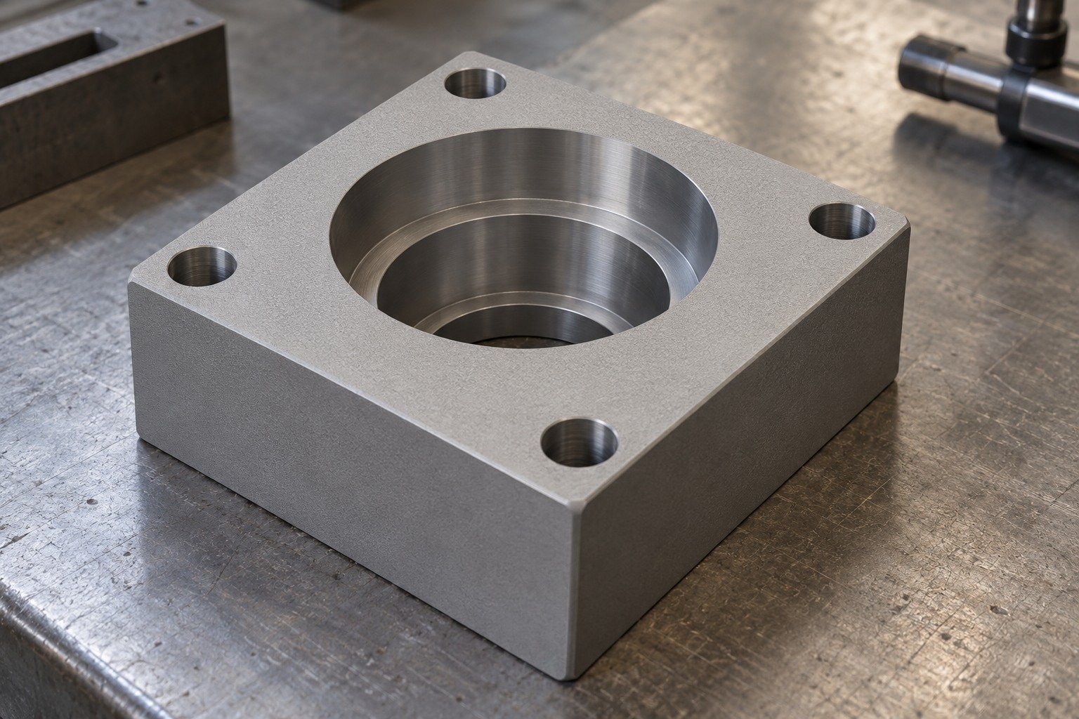 Distinct titanium thick square housing coupon with central stepped bore and fine uniform matte grey media-blasted appearance,small controlled edge breaks. — illustrative generated component concept