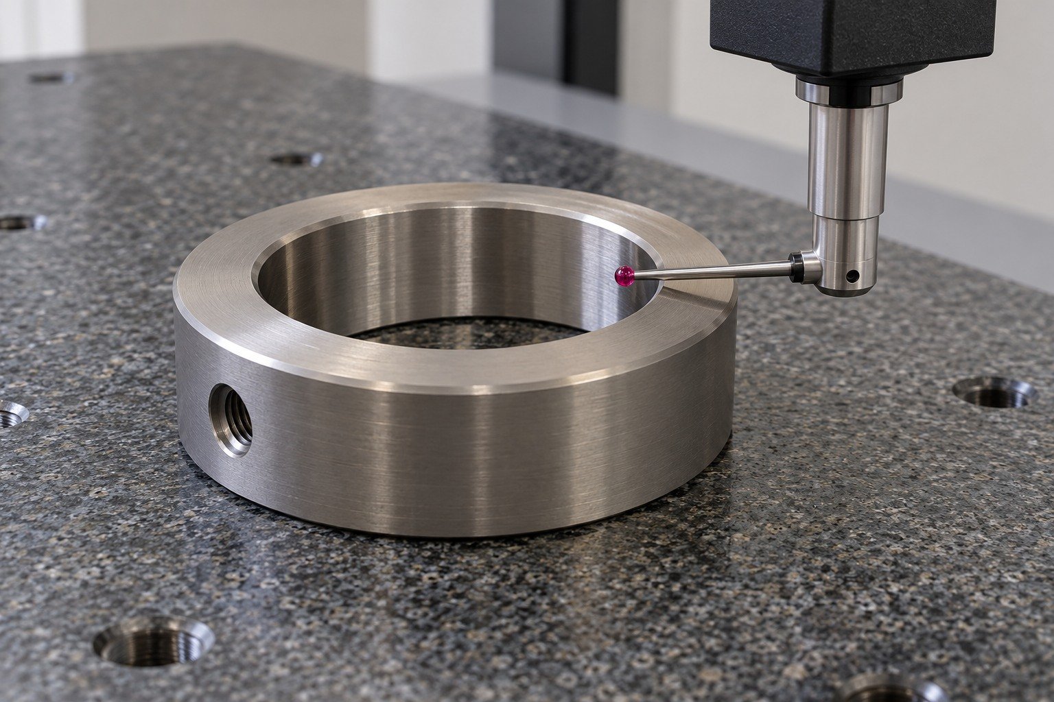 Wide short titanium locating collar on stable granite,single right-angle CMM ruby stylus physically touching accessible INNER bore wall,one measuring ball only,clear hardware clearance. — illustrative generated component concept