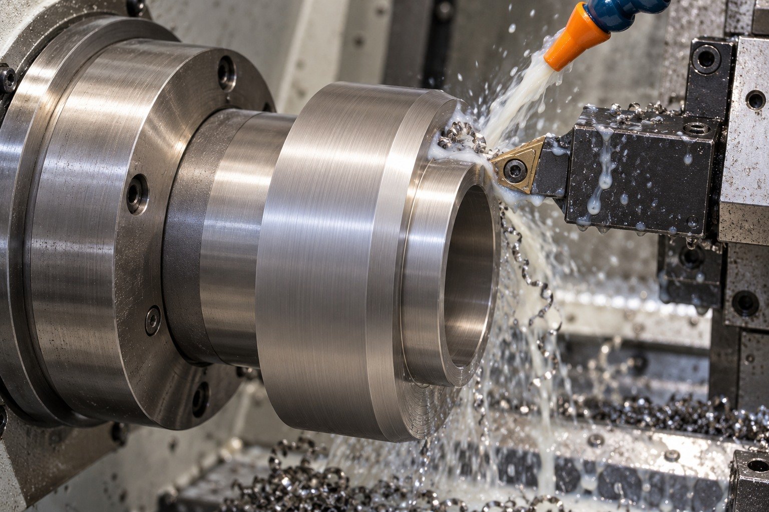Broad titanium collar firmly supported on short mandrel in lathe,carbide insert physically cuts outer shoulder with milky coolant and wet chips. — illustrative generated component concept