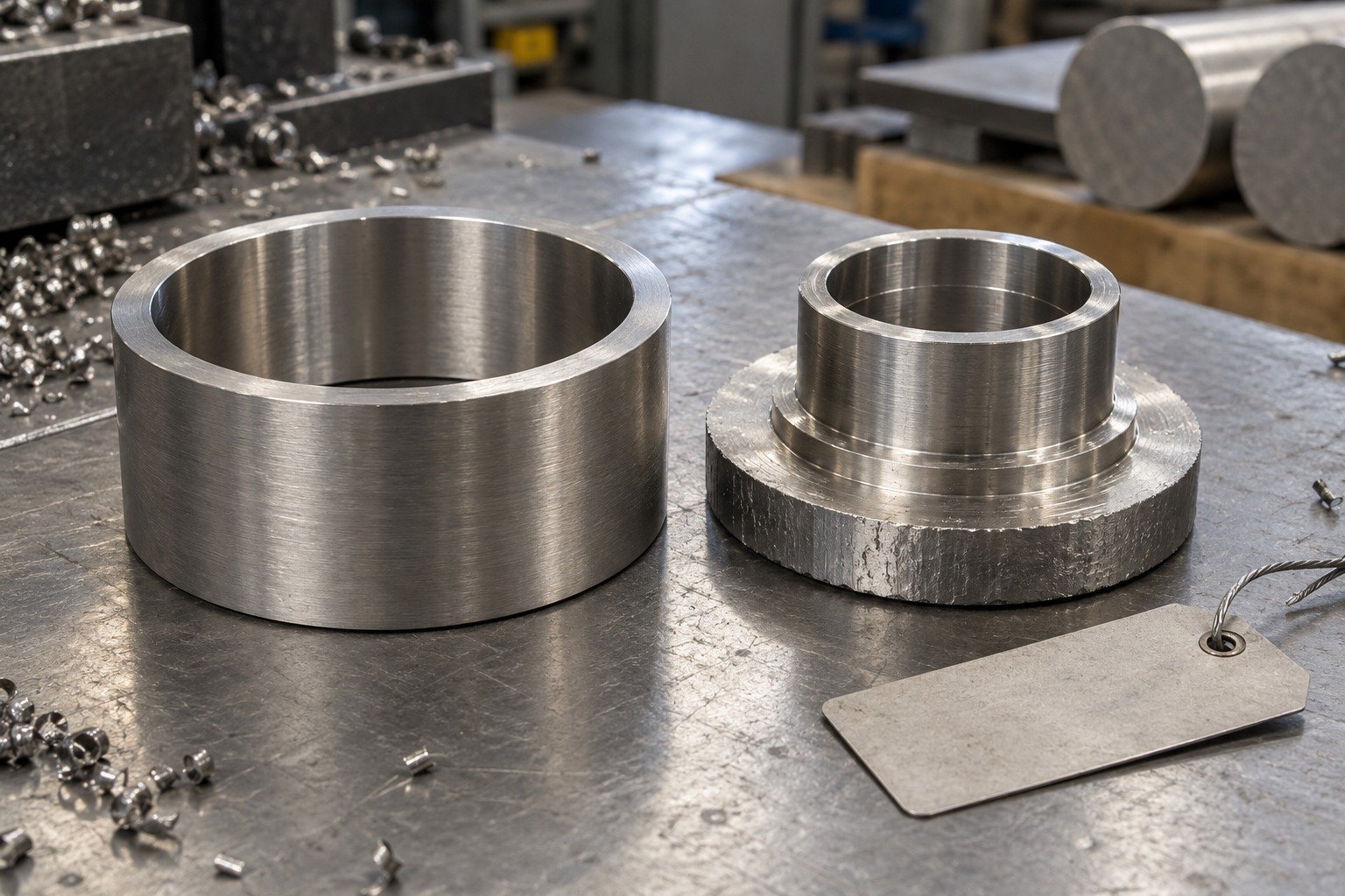 Broad titanium ring cutoff beside partly machined short locating collar with retained flange stock and blank lot tag. — illustrative generated component concept