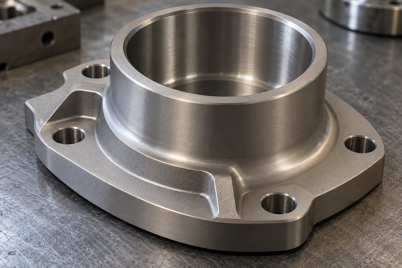 Macro of compact titanium flanged housing with broad smooth internal fillet and small consistent edge breaks at an accessible milled relief,no cracks. — illustrative generated component concept