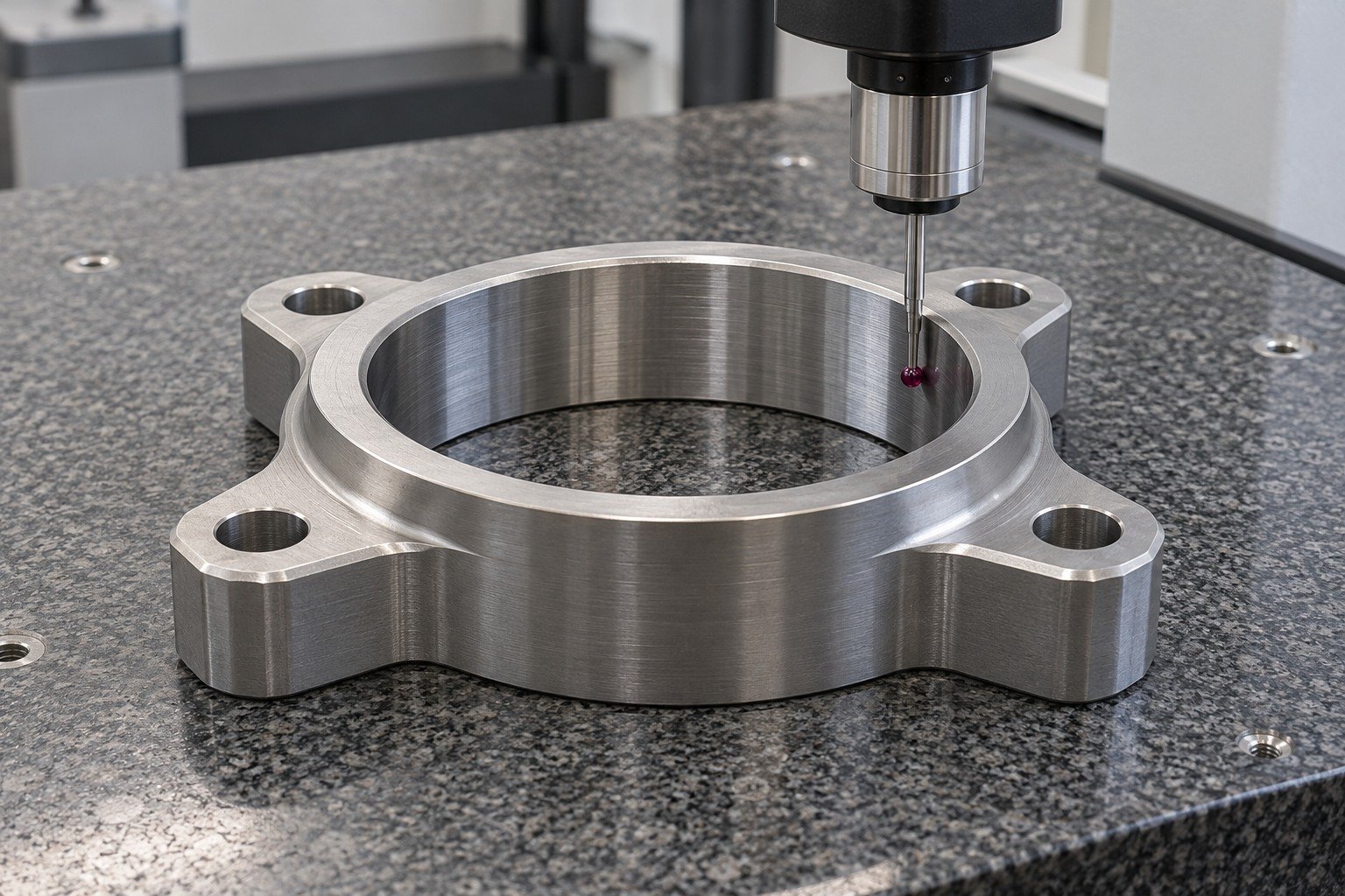 Distinct titanium wide four-lug collar stable on granite,single CMM ruby stylus physically contacting inner bore wall with clear probehead clearance,no multiple probe arms. — illustrative generated component concept