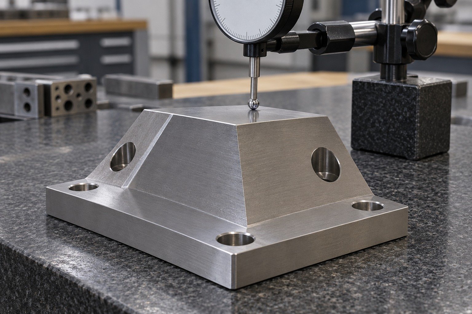 Thick titanium trapezoidal mounting plate stable on granite,dial test indicator stylus ball clearly physically touches its broad horizontal pad,stable indicator base,no readable result. — illustrative generated component concept