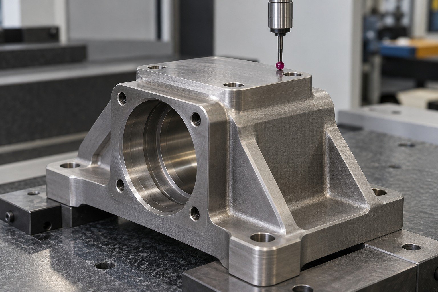 Thick-wall titanium rectangular bearing housing on stable support,single CMM ruby stylus physically touches broad accessible upper mounting pad,no floating contact. — illustrative generated component concept