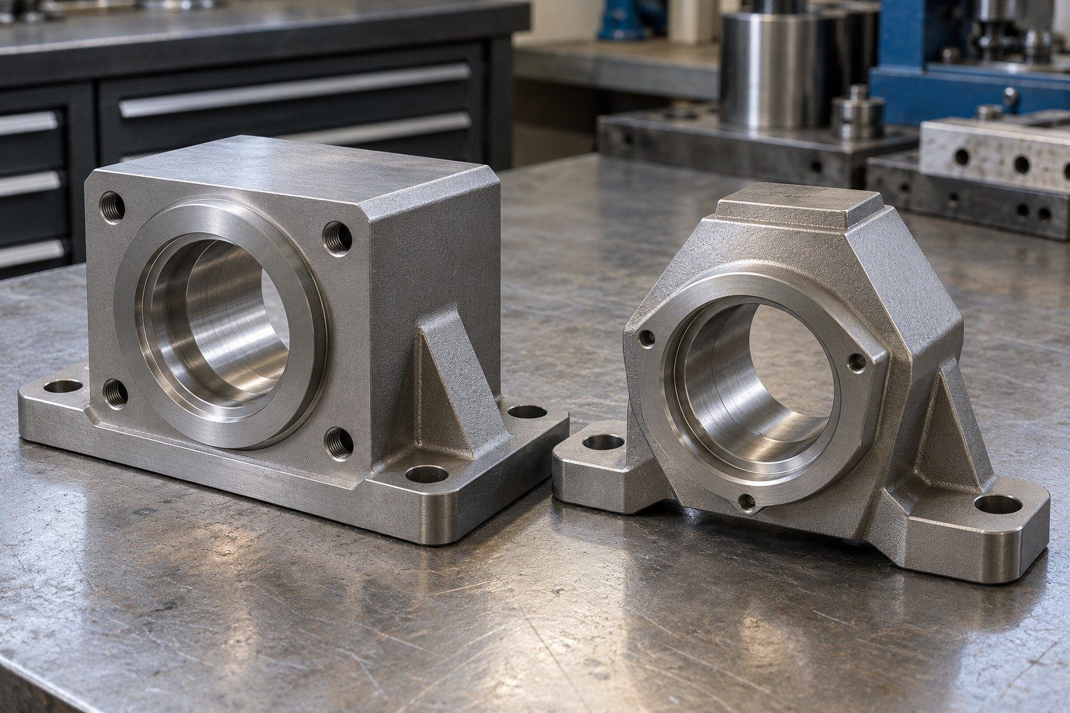 Two distinct grey titanium bearing housing concepts,one rectangular thick-wall block with broad flange and circular bore,one stout hexagonal housing with wide mounting feet. — illustrative generated component concept