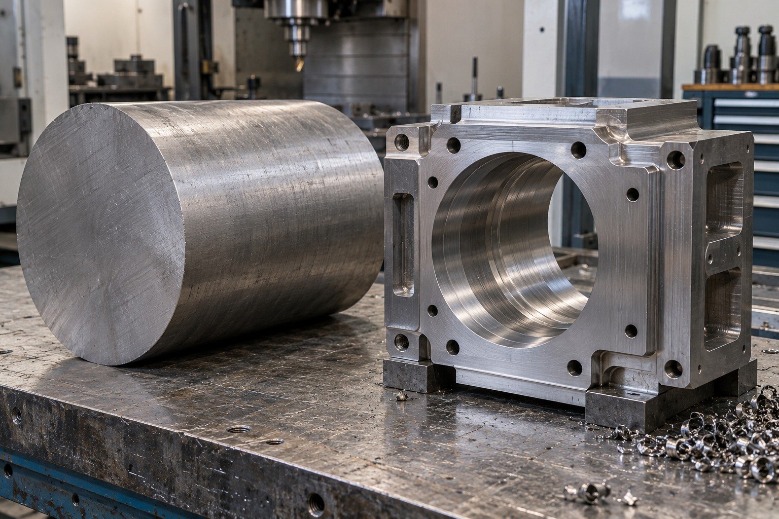 Broad titanium billet beside partly machined thick rectangular housing with central bore and retained wide finishing lands. — illustrative generated component concept
