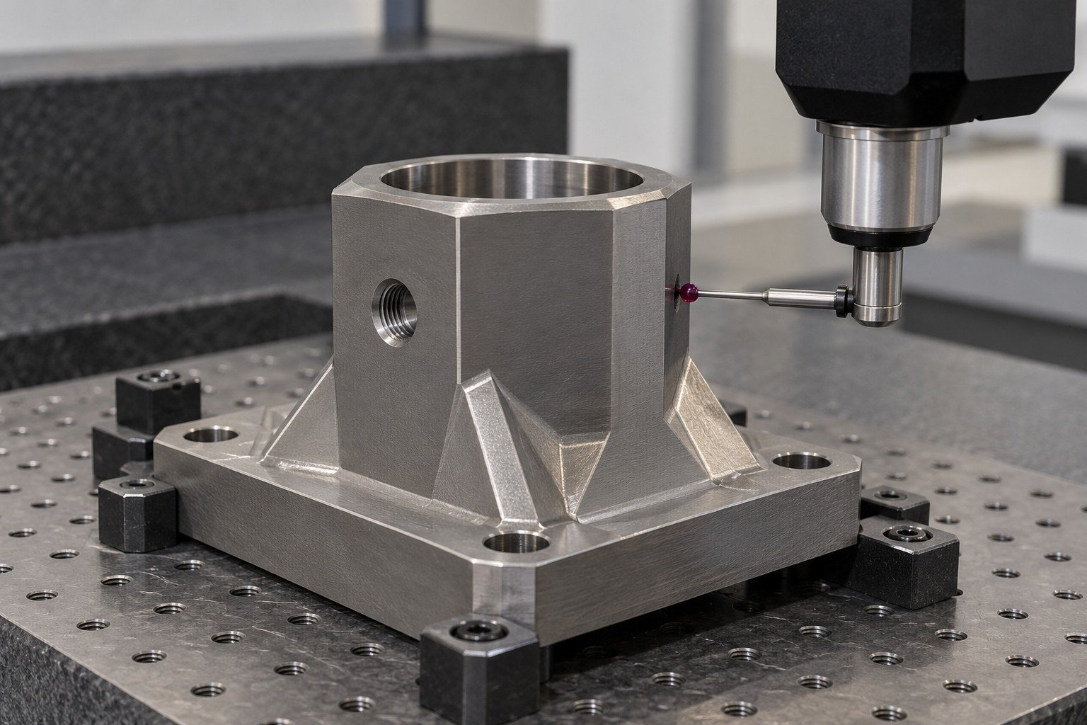 Distinct titanium hexagonal housing with broad rectangular base on stable CMM fixture,single short ruby stylus physically contacts outside datum plane,no readout. — illustrative generated component concept