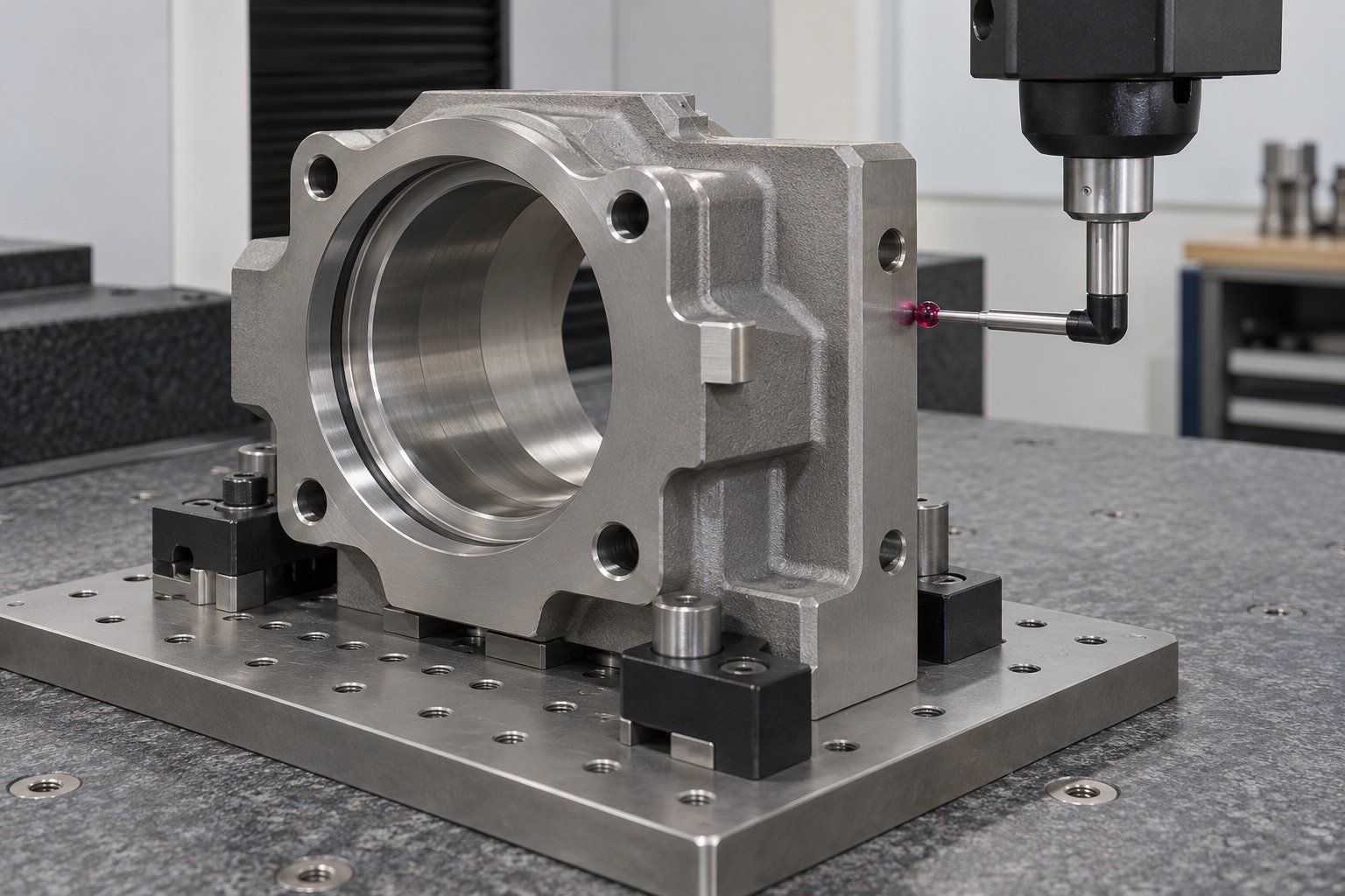 Rectangular thick-wall grey titanium bearing housing stable on CMM fixture,single short right-angle ruby stylus clearly touches broad vertical outside datum face,no curved pipes. — illustrative generated component concept