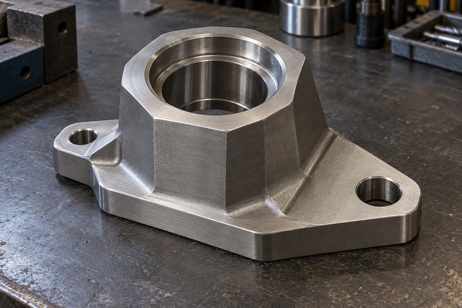 Illustrative Grade 4 titanium hexagonal bearing mount with unequal ears and stepped bore concept