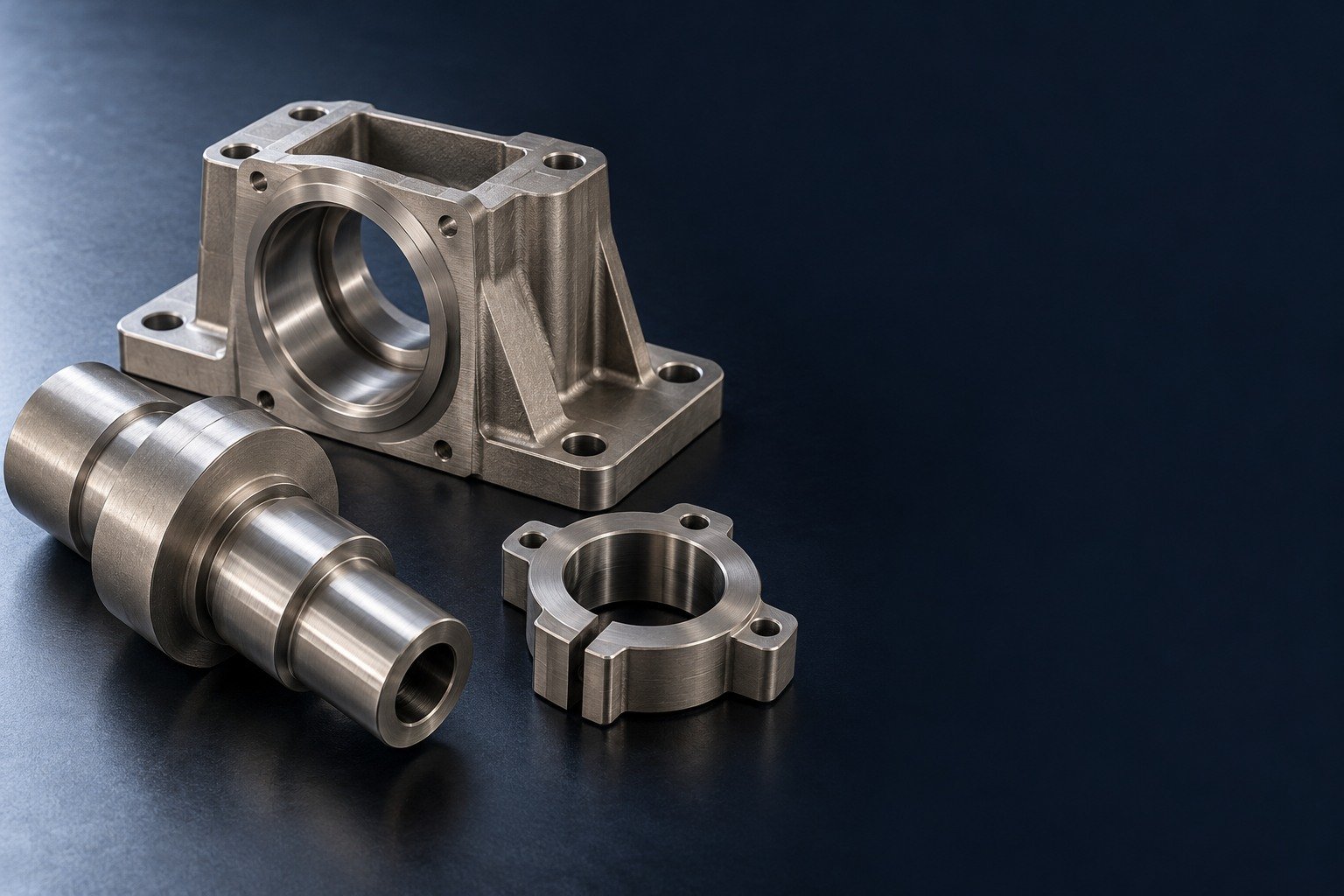 Wide product group on LEFT half: short robust titanium stepped shaft with two shoulders and axial bore,a rectangular flanged bearing housing with thick supported walls,and a compact four-lug locating collar — illustrative generated component concept