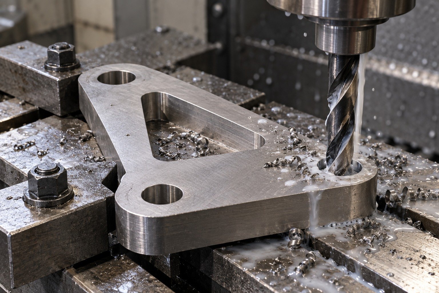 Thick titanium triangular mounting plate securely clamped,traditional TWO-FLUTE TWIST DRILL with clearly visible spiral chip grooves physically entering a small corner round hole,not flat-bottom end mill,visible milky cutting fluid at contact and wet chips. — illustrative generated component concept
