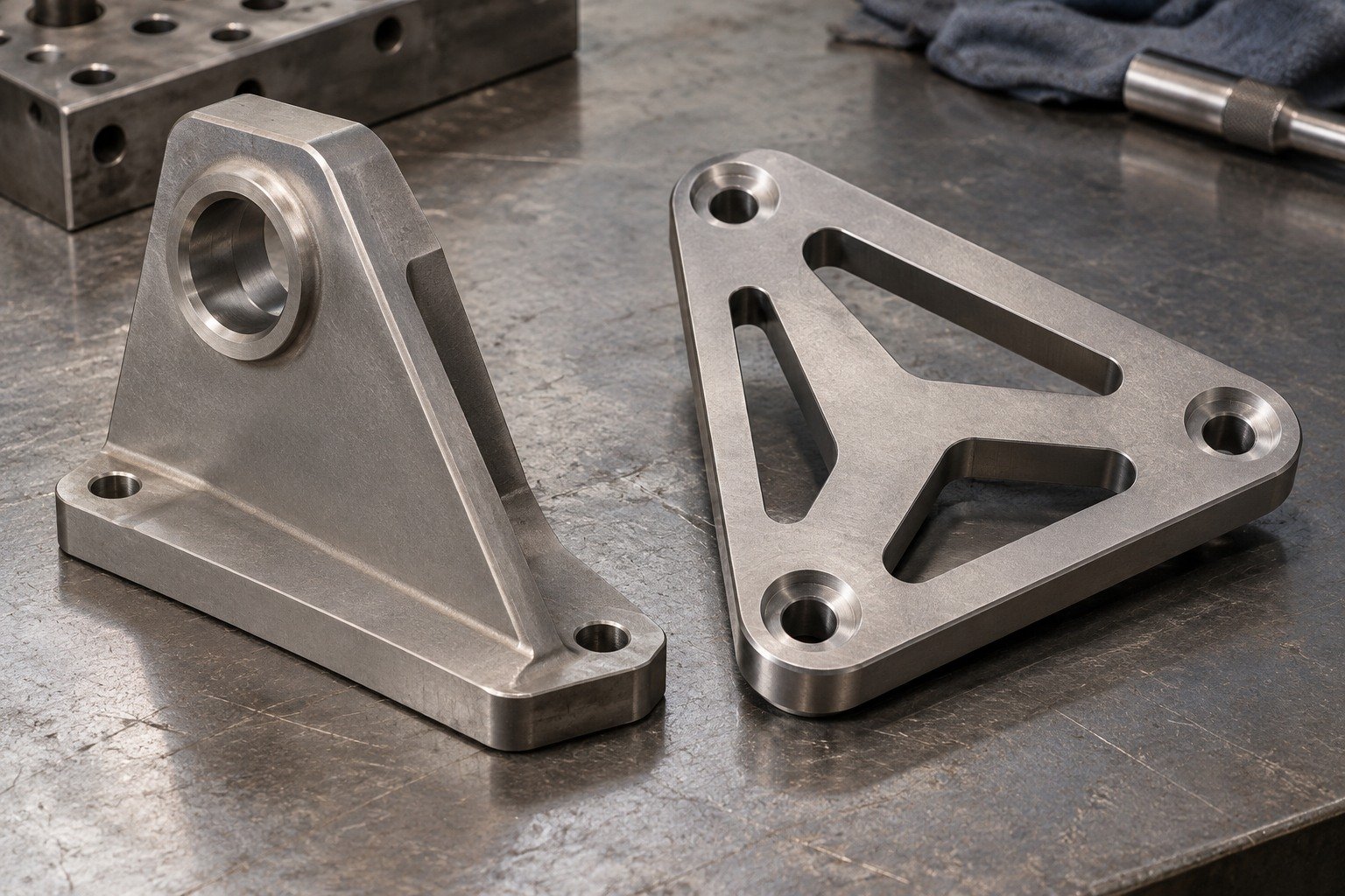 Two distinct thick titanium mounting plates,one asymmetric trapezoid with offset bore and stout side rib,one broad slotted triangular plate with three mounting holes. — illustrative generated component concept