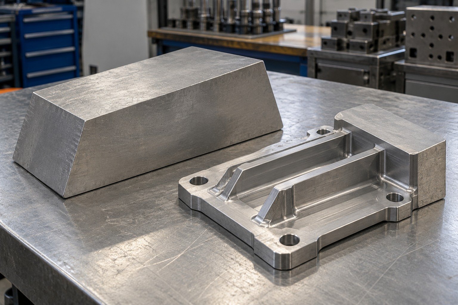 Thick trapezoidal titanium plate blank beside partly machined ribbed mounting plate with retained broad pad stock,clean datum faces. — illustrative generated component concept