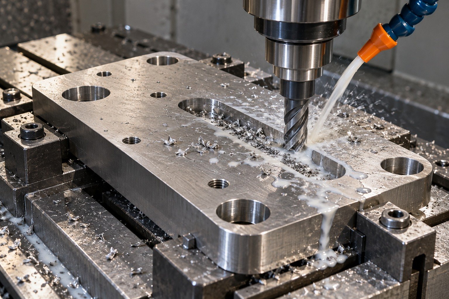 Asymmetric thick titanium mounting plate securely backed on fixture,short end mill physically cuts open-ended accessible slot with milky cutting fluid and wet chips. — illustrative generated component concept