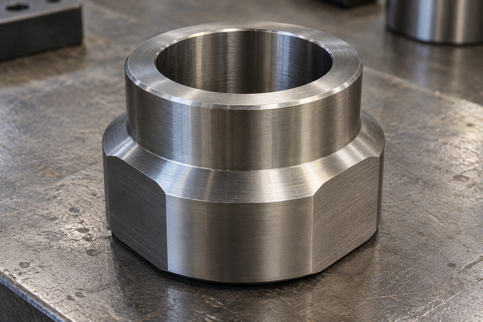 Distinct titanium short broad stepped spacer with polished grey outer shoulder and two wide external wrench flats,large bore. — illustrative generated component concept