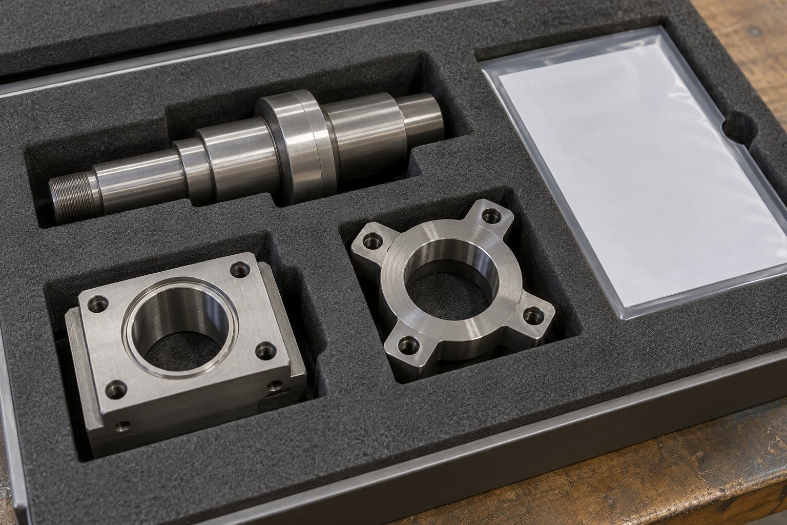 Clean fitted grey foam tray with separate pockets holding short stepped titanium shaft,rectangular bearing housing and four-lug locating collar,blank document sleeve. — illustrative generated component concept