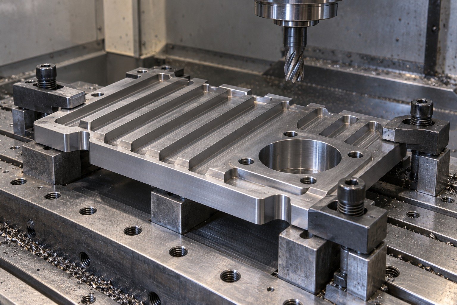Thick titanium ribbed mounting plate fully backed by dedicated fixture,clamps on solid external pads,accessible offset bore,no distortion. — illustrative generated component concept