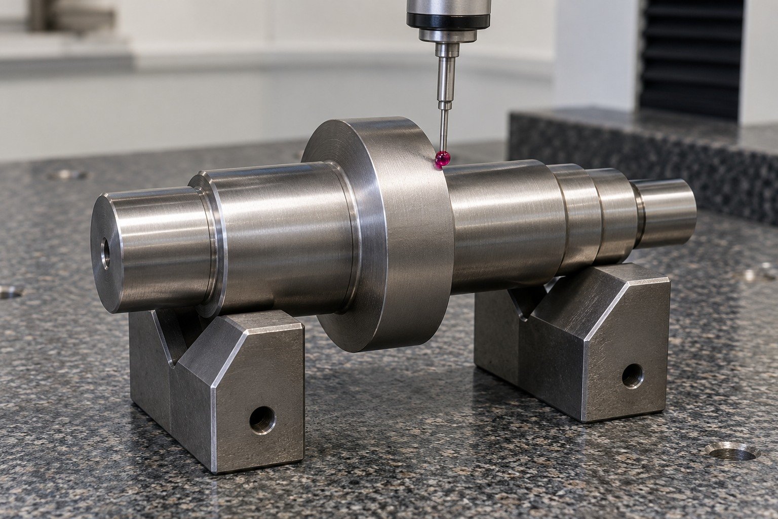 Short stout titanium stepped shaft supported horizontally on two V blocks;single ruby CMM stylus physically contacts the accessible outer diameter near a shoulder,head clear. — illustrative generated component concept